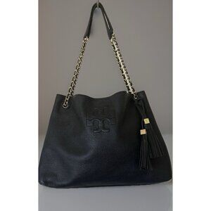 Tory Burch Thea Womens  Black Pebbled Leather /Gold  Chain Strap Bag-FAB Luxury